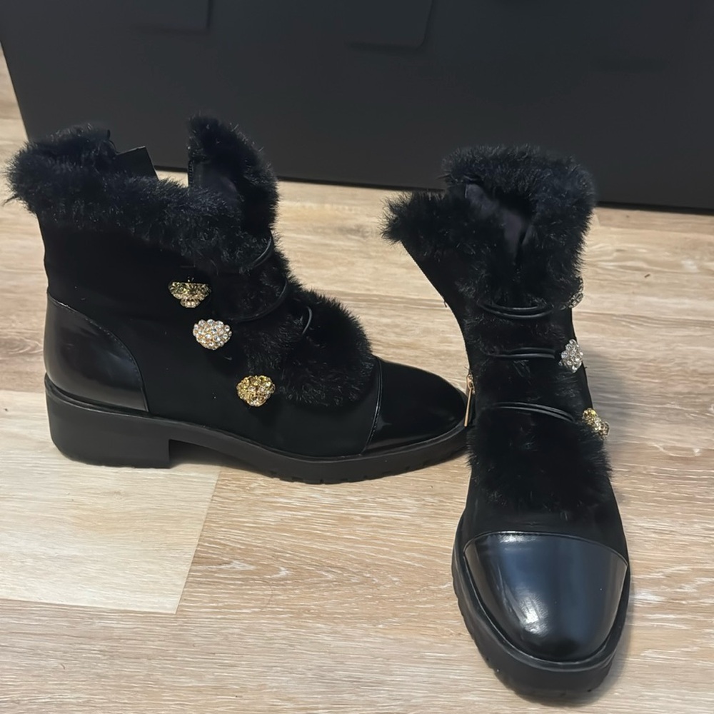 Nanette Lepore fur lined black boots with bejeweled detailing